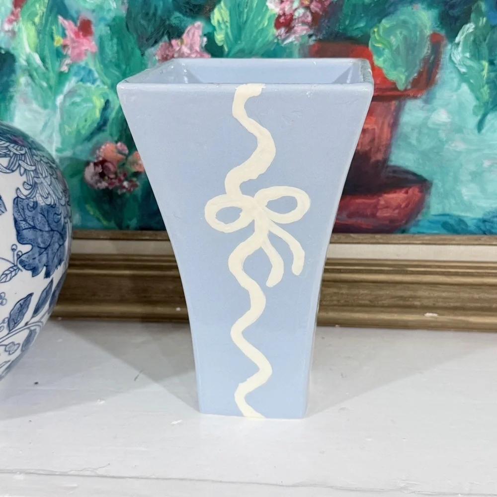 Blue Ceramic Vase Hand-Painted Ribbons